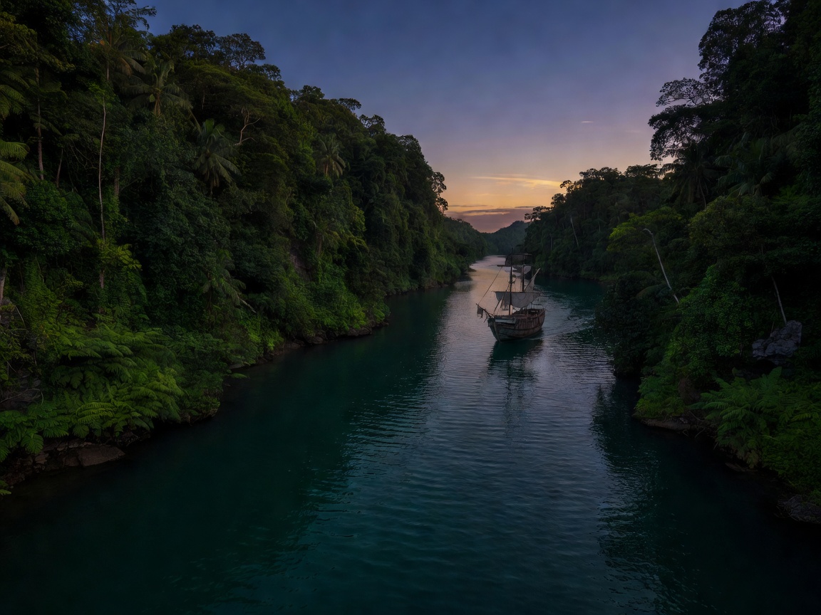 Dark turquoise water winding between steep tropical islands with a distant weathered sailing ship at dusk