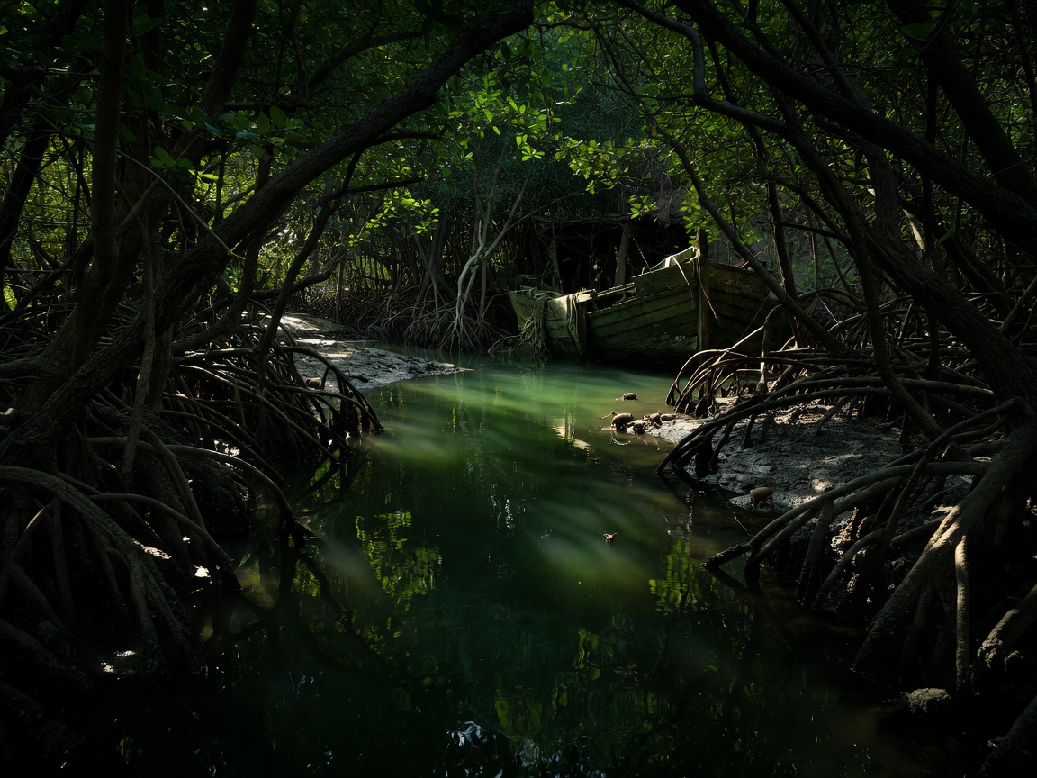 Secret pirate-era cove hidden behind dense mangrove passages with dark mineral-green water