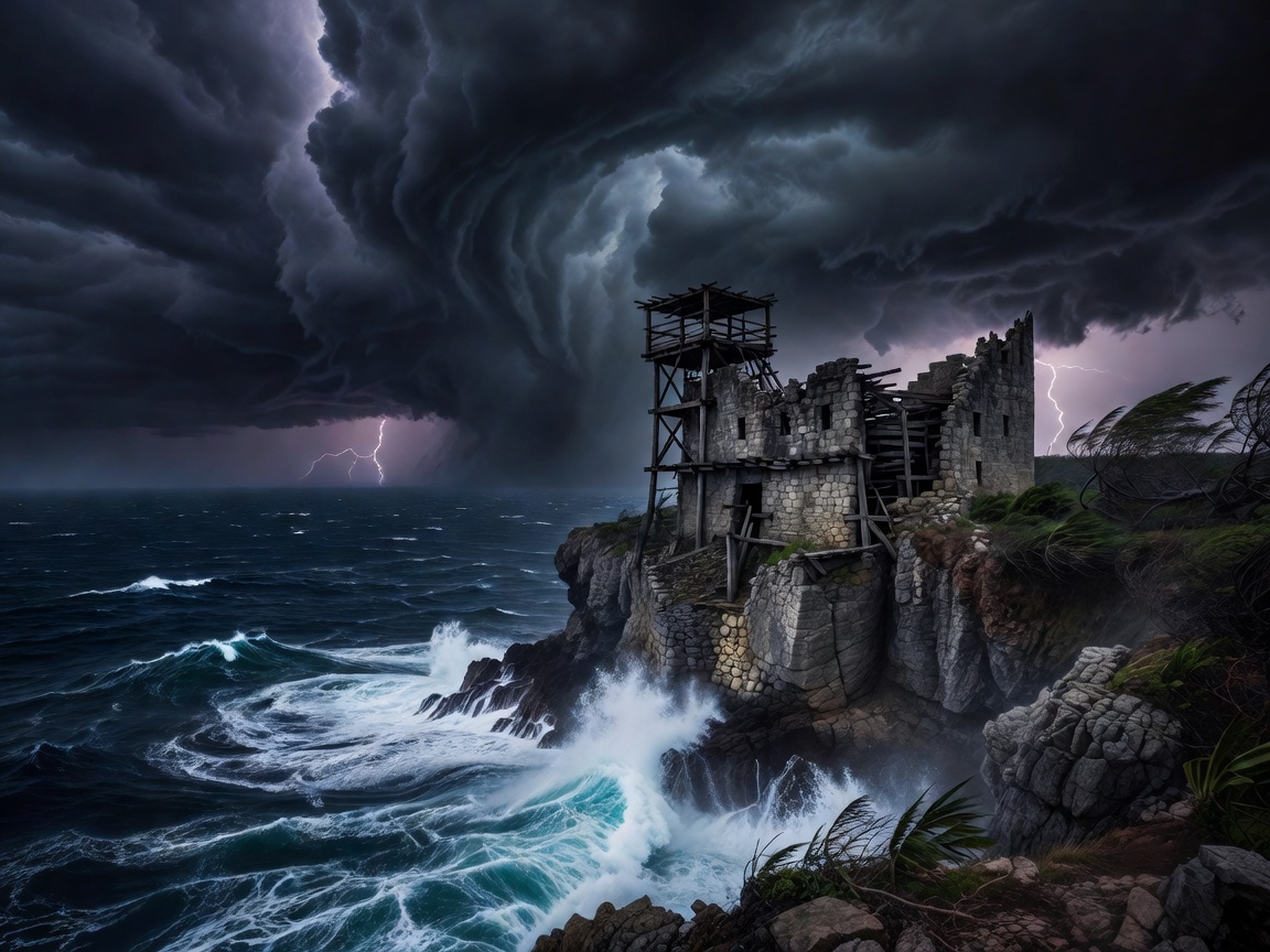 Remote pirate-era coastal watch fort above violent dark-blue tropical water as a storm approaches
